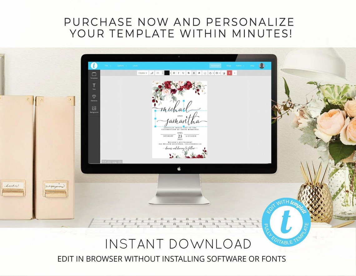 Burgundy Rose Rustic Wedding Invite – Editable Digital Template