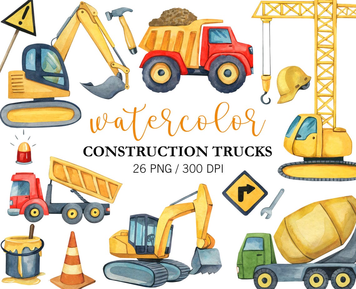 Watercolour Construction Clipart Bundle – Digital Download of Building & Vehicle Illustrations