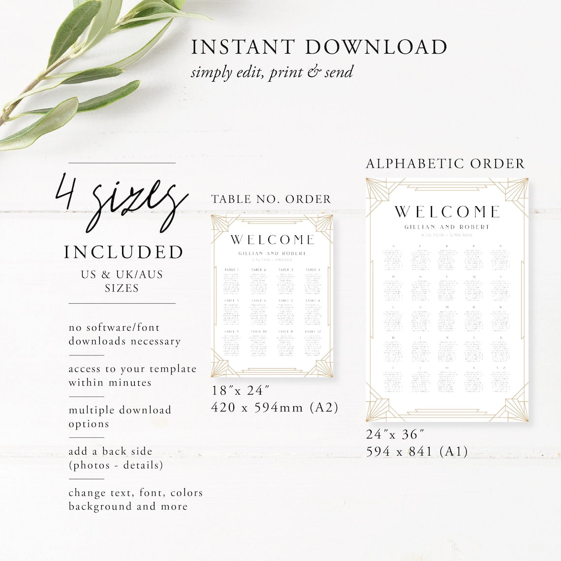 Art Deco Wedding Seating Chart – Gatsby Style, Editable 1920s Template