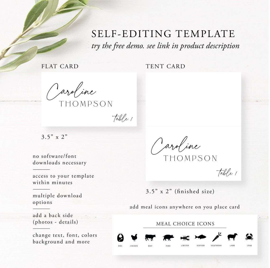 Minimalist Wedding Place Card | Editable Template | Modern Calligraphy