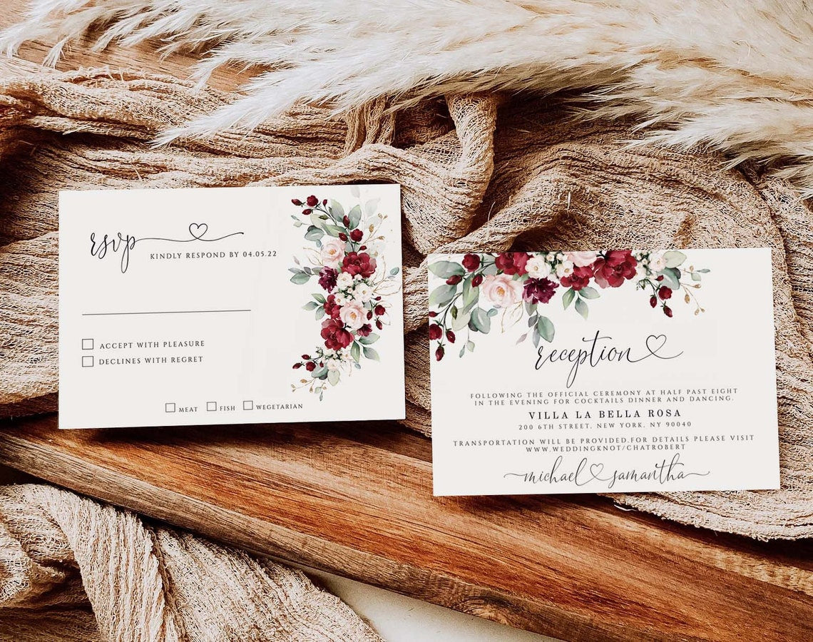 Burgundy Rose Rustic Wedding Invite – Editable Digital Template