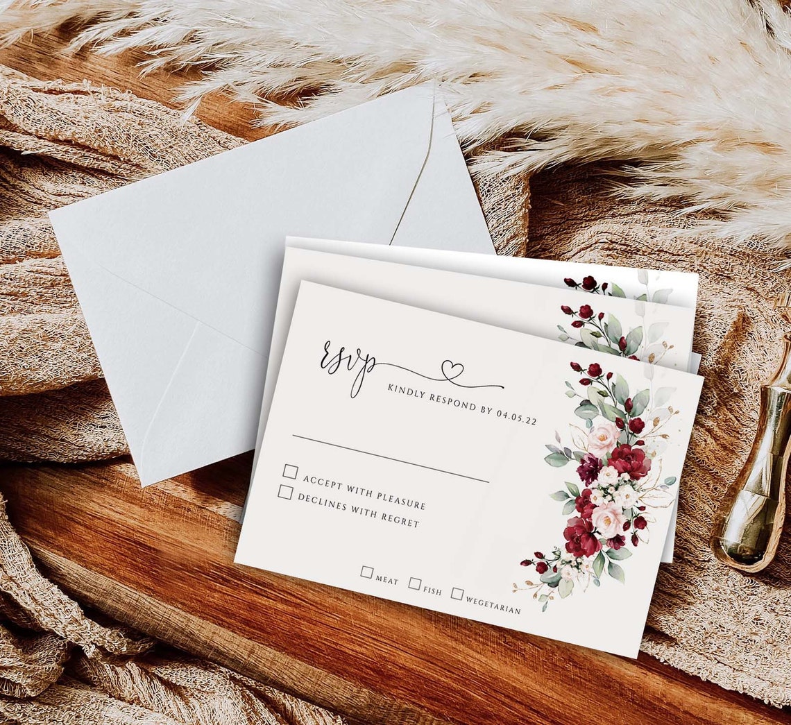 Burgundy Rose Rustic Wedding Invite – Editable Digital Template