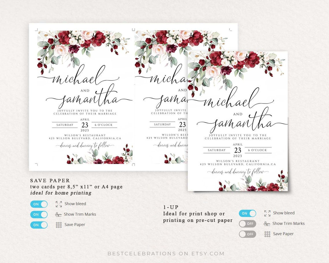 Burgundy Rose Rustic Wedding Invite – Editable Digital Template