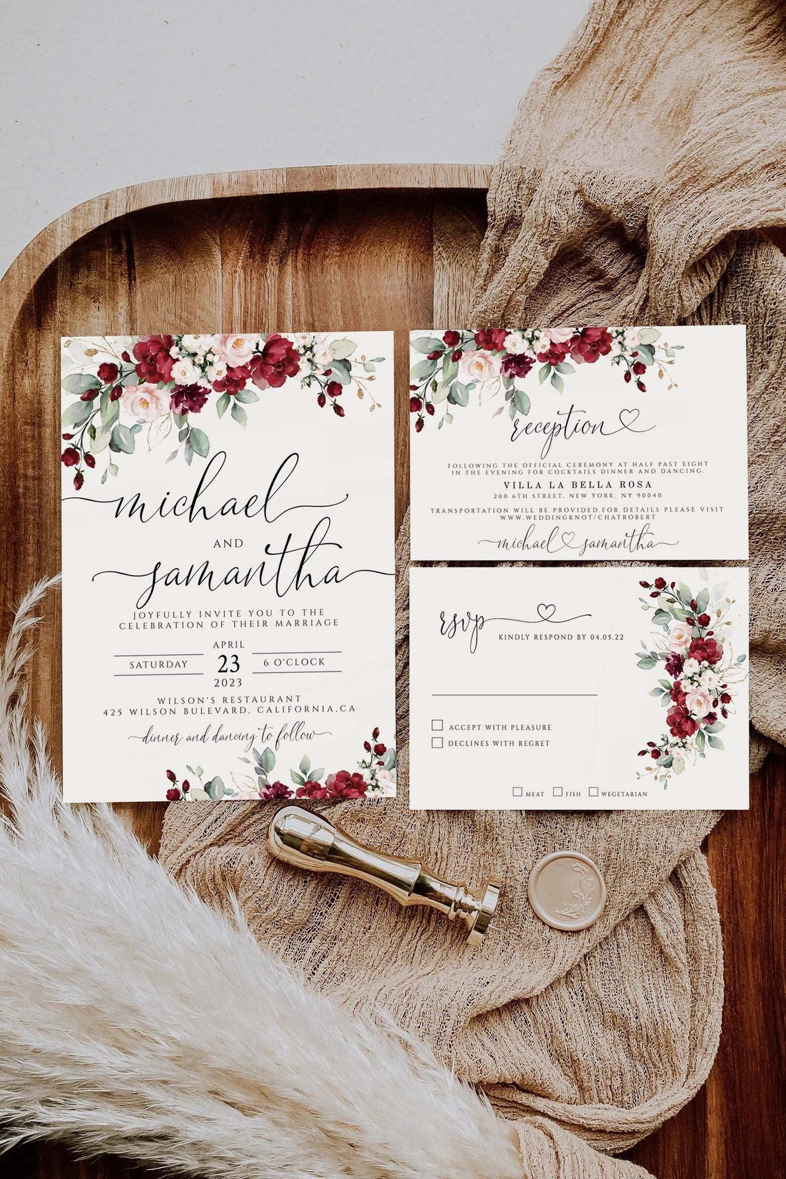 Burgundy Rose Rustic Wedding Invite – Editable Digital Template