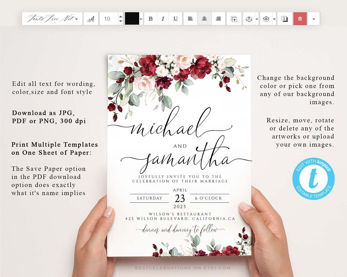 Burgundy Rose Rustic Wedding Invite – Editable Digital Template
