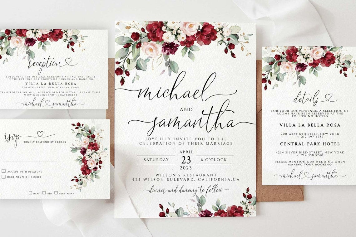 Burgundy Rose Rustic Wedding Invite – Editable Digital Template