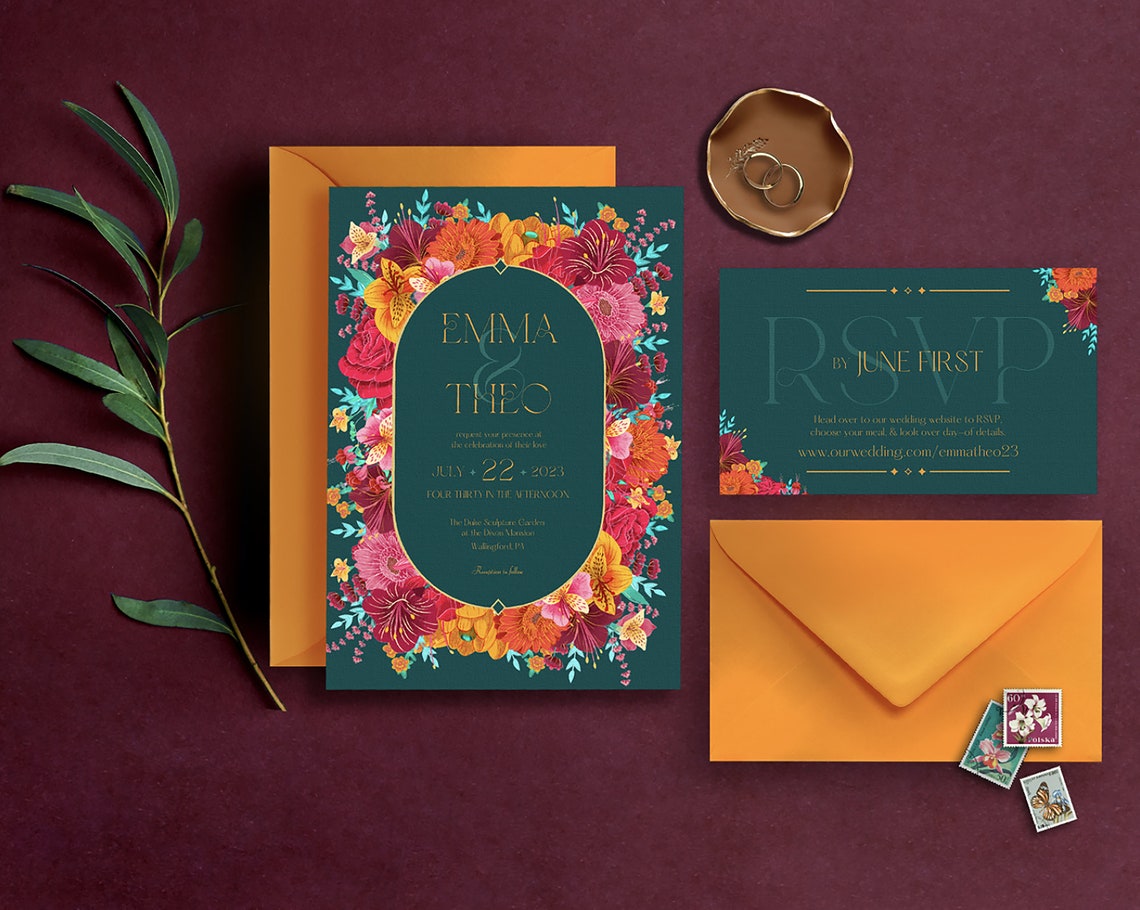 Luxury Gemstone Wedding Invite | Customizable Floral Stationery