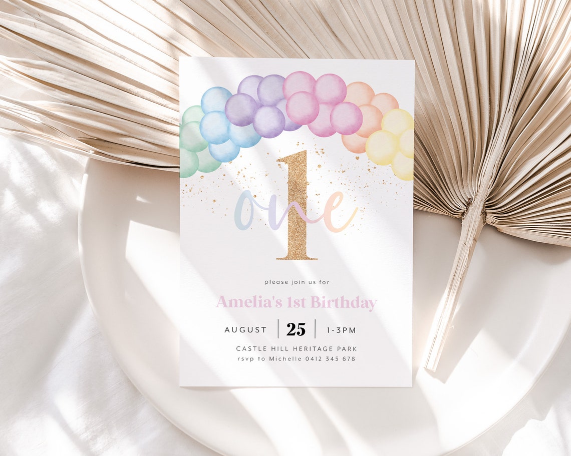 Pastel Rainbow 1st Birthday Invitation – Editable Digital Template