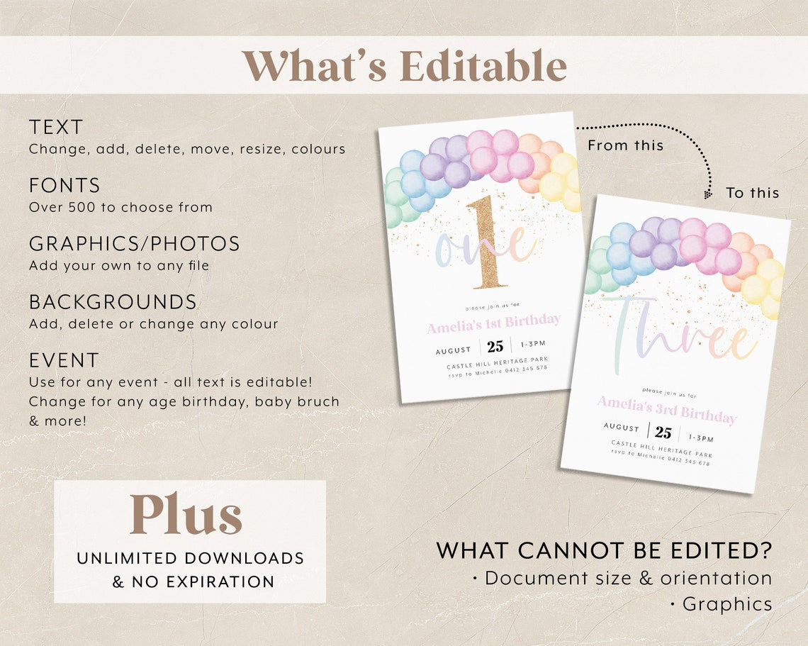Pastel Rainbow 1st Birthday Invitation – Editable Digital Template