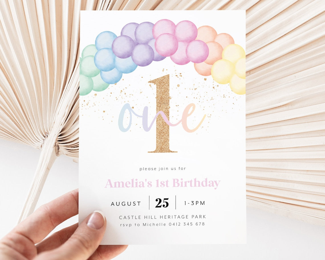Pastel Rainbow 1st Birthday Invitation – Editable Digital Template