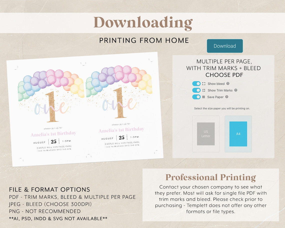 Pastel Rainbow 1st Birthday Invitation – Editable Digital Template