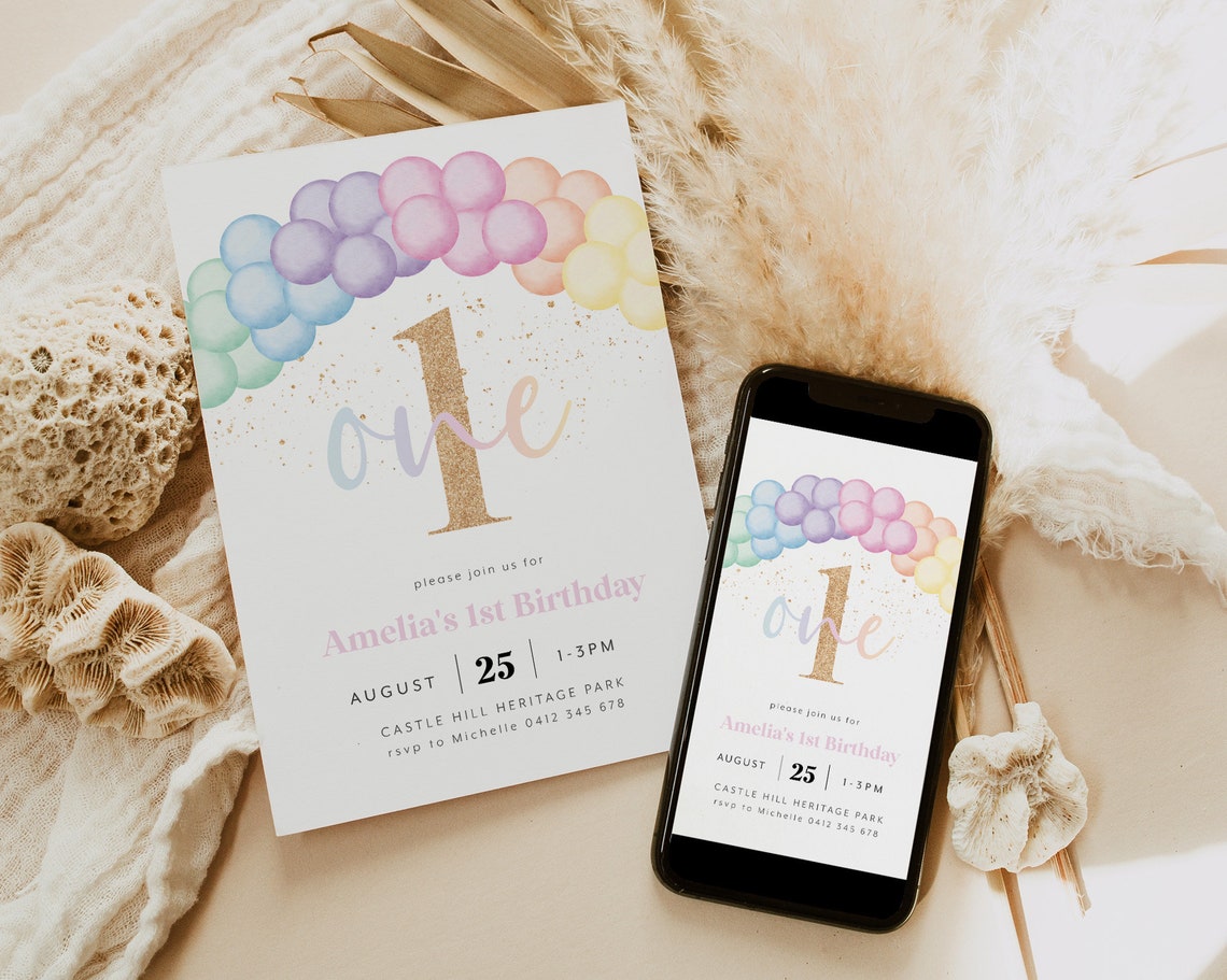 Pastel Rainbow 1st Birthday Invitation – Editable Digital Template