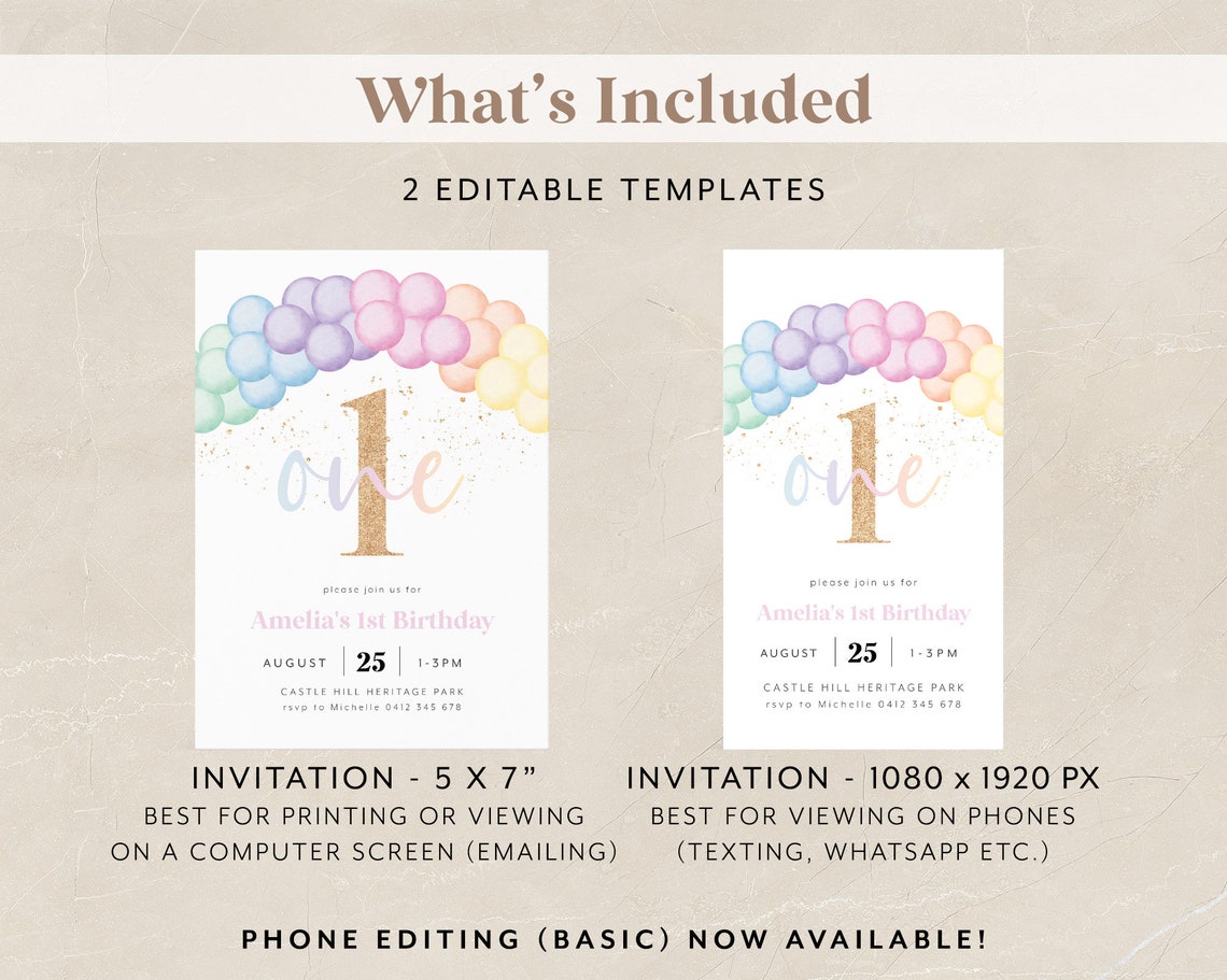 Pastel Rainbow 1st Birthday Invitation – Editable Digital Template