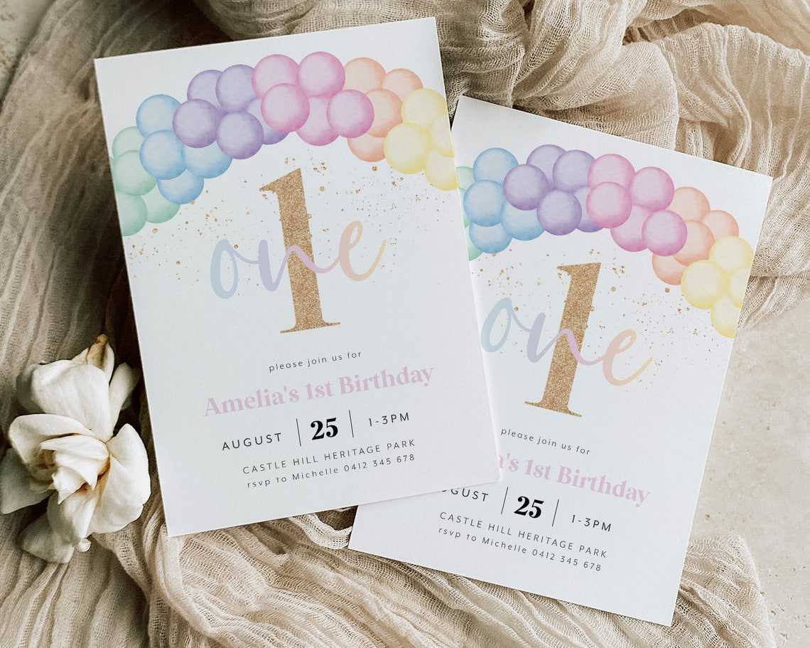 Pastel Rainbow 1st Birthday Invitation – Editable Digital Template