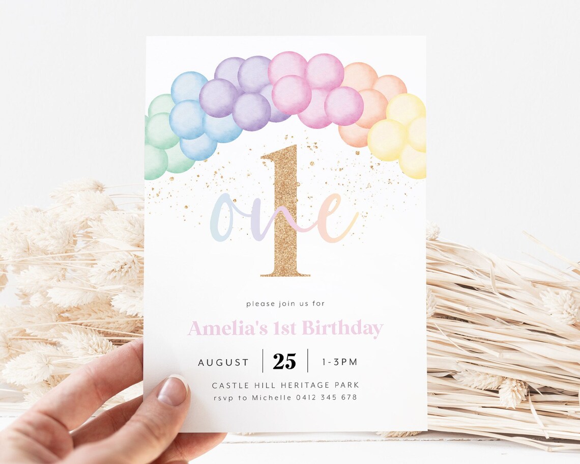 Pastel Rainbow 1st Birthday Invitation – Editable Digital Template