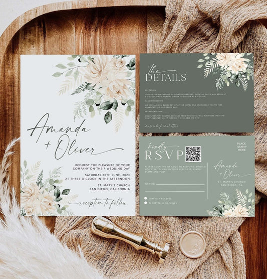 Summer Wildflower Wedding Invitation Template | Whimsical Floral Design with QR Code