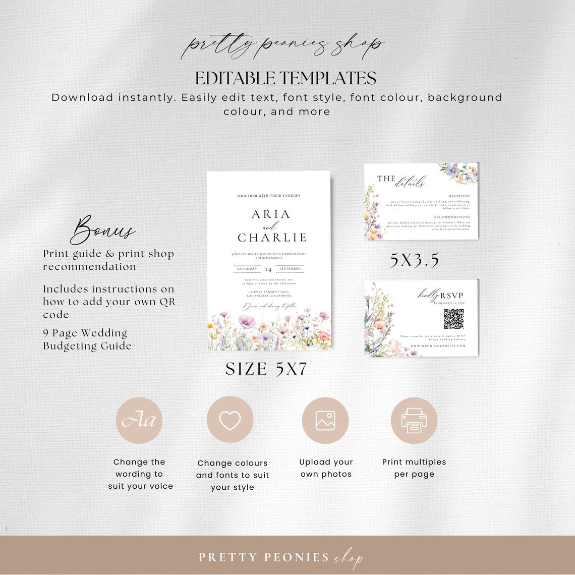 “Summer Wildflower Wedding Invitation – Whimsical Floral Template with QR Code”