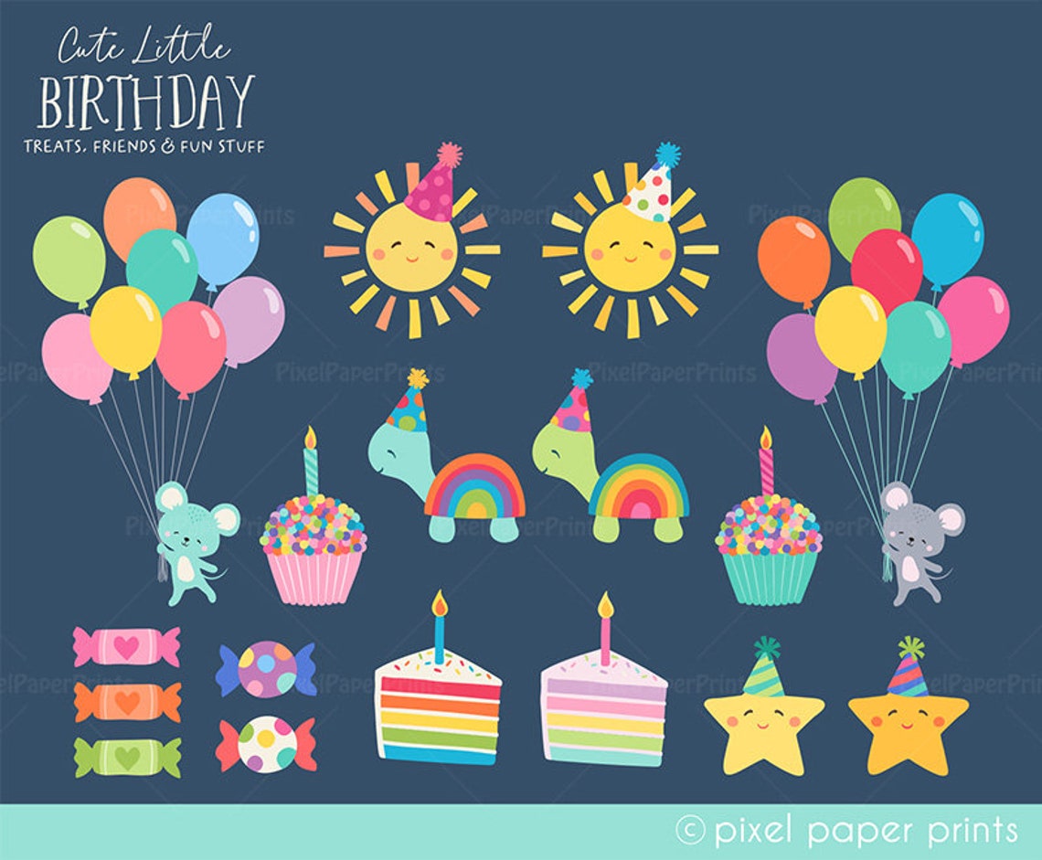 Birthday Clipart PNG Set – Cute Little Cartoon Illustrations, Instant Download