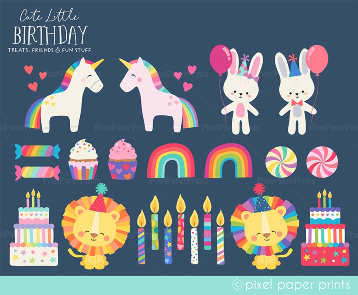 Birthday Clipart PNG Set – Cute Little Cartoon Illustrations, Instant Download