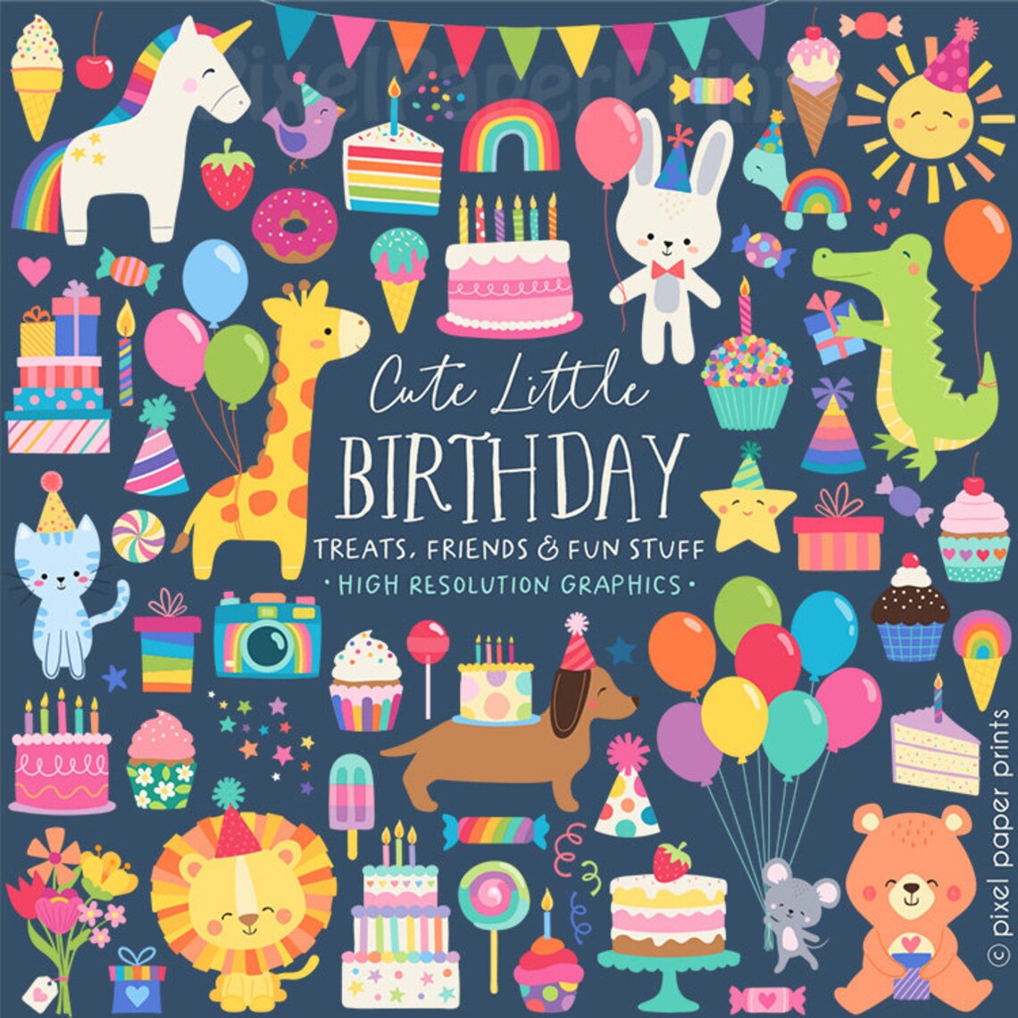 Birthday Clipart PNG Set – Cute Little Cartoon Illustrations, Instant Download