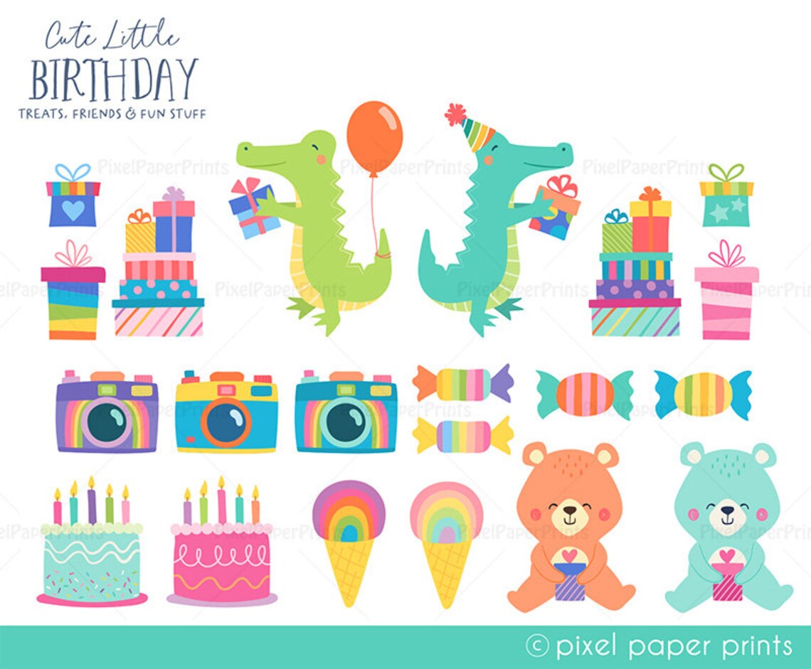 Birthday Clipart PNG Set – Cute Little Cartoon Illustrations, Instant Download
