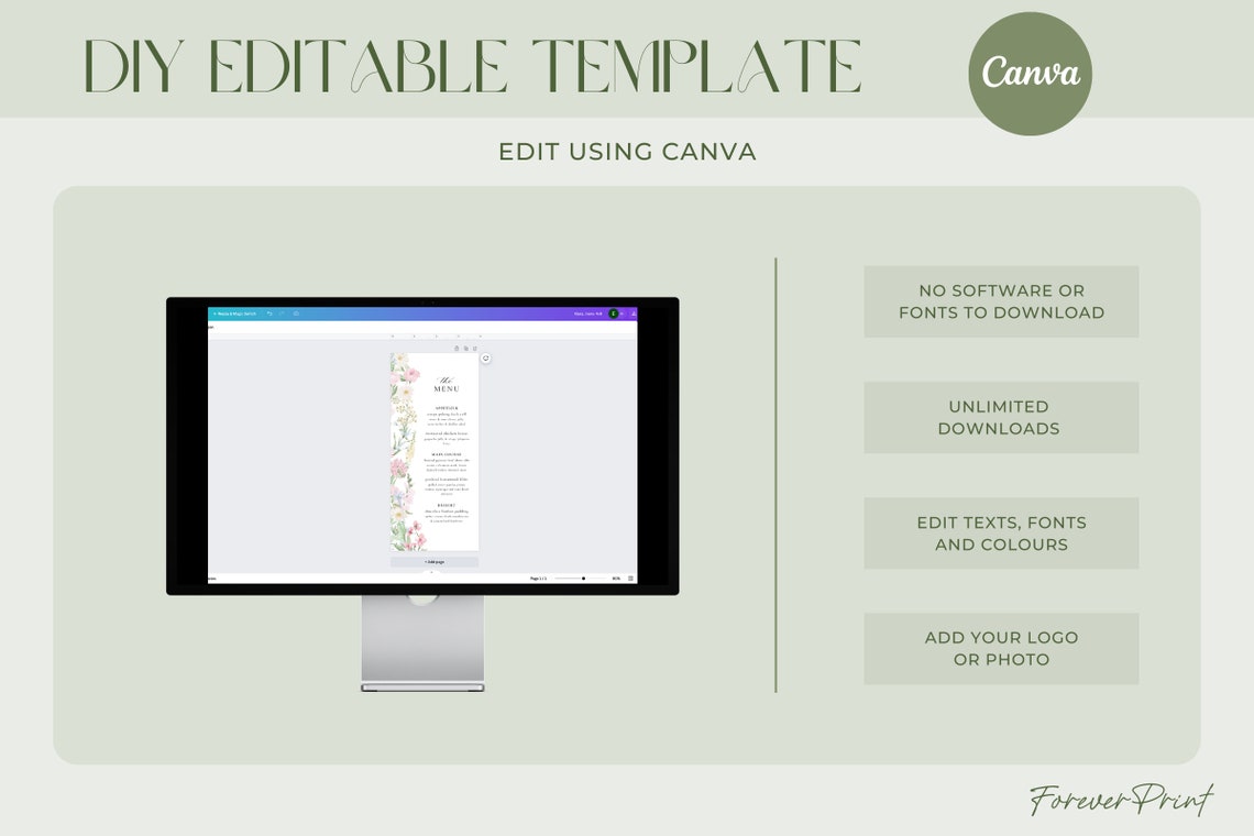 Pastel Wildflower Wedding Menu | Boho Garden | Editable Canva Template