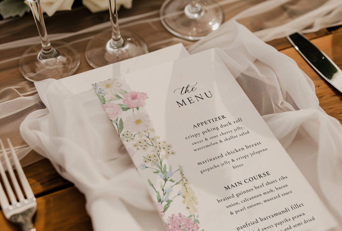 Pastel Wildflower Wedding Menu | Boho Garden | Editable Canva Template