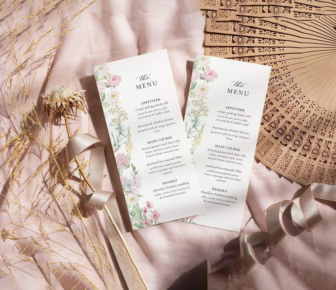Pastel Wildflower Wedding Menu | Boho Garden | Editable Canva Template