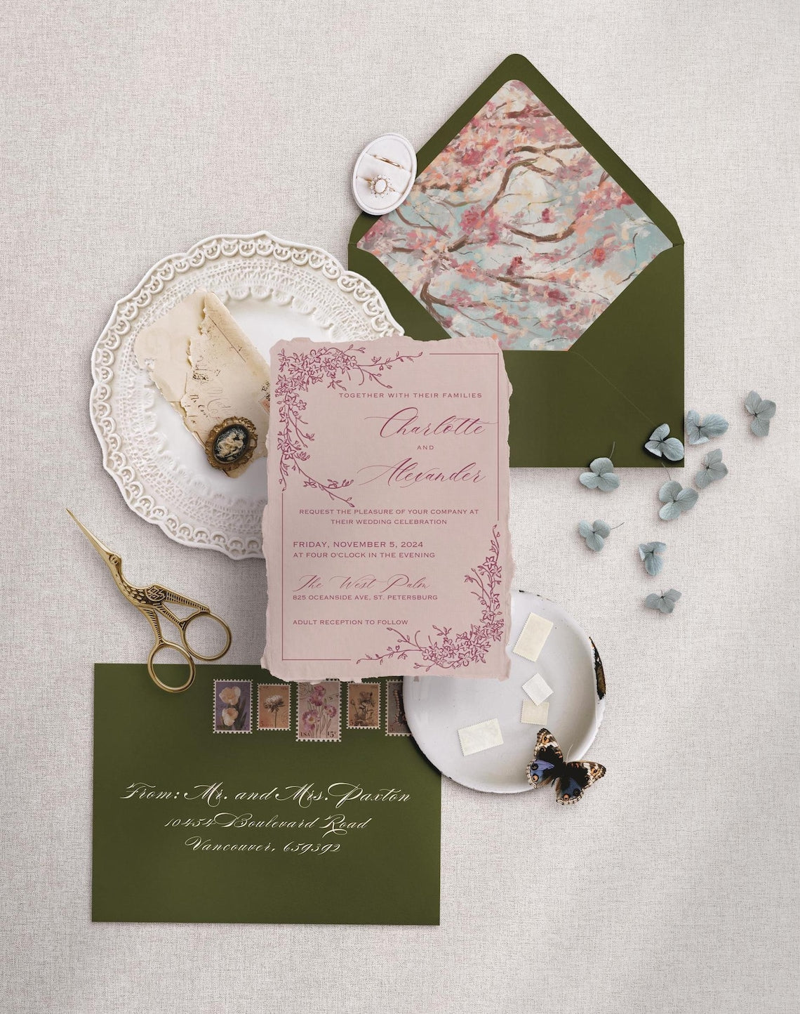 Whimsical Hand-Illustrated Wedding Invitation – Antique Garden Charm