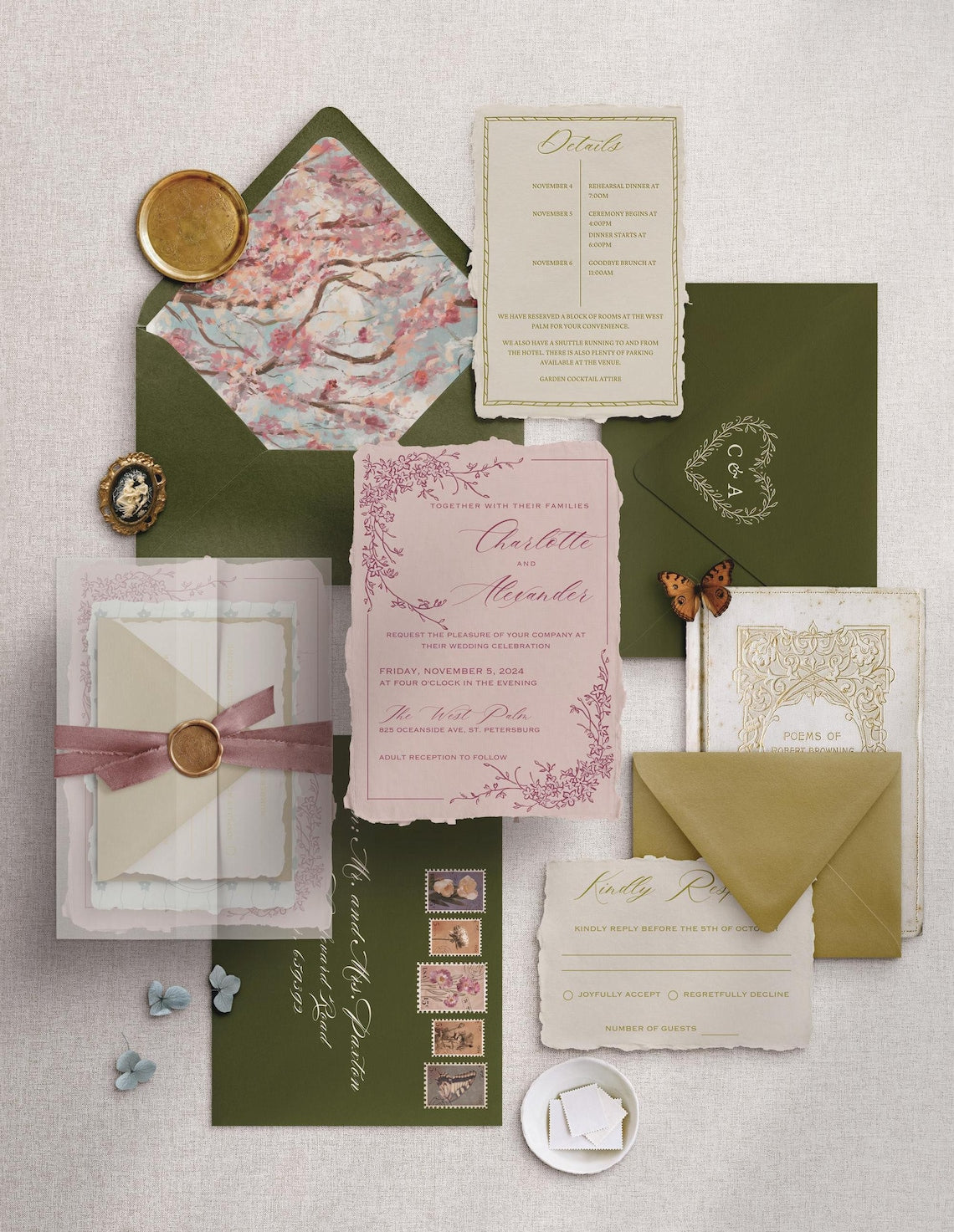 Whimsical Hand-Illustrated Wedding Invitation – Antique Garden Charm