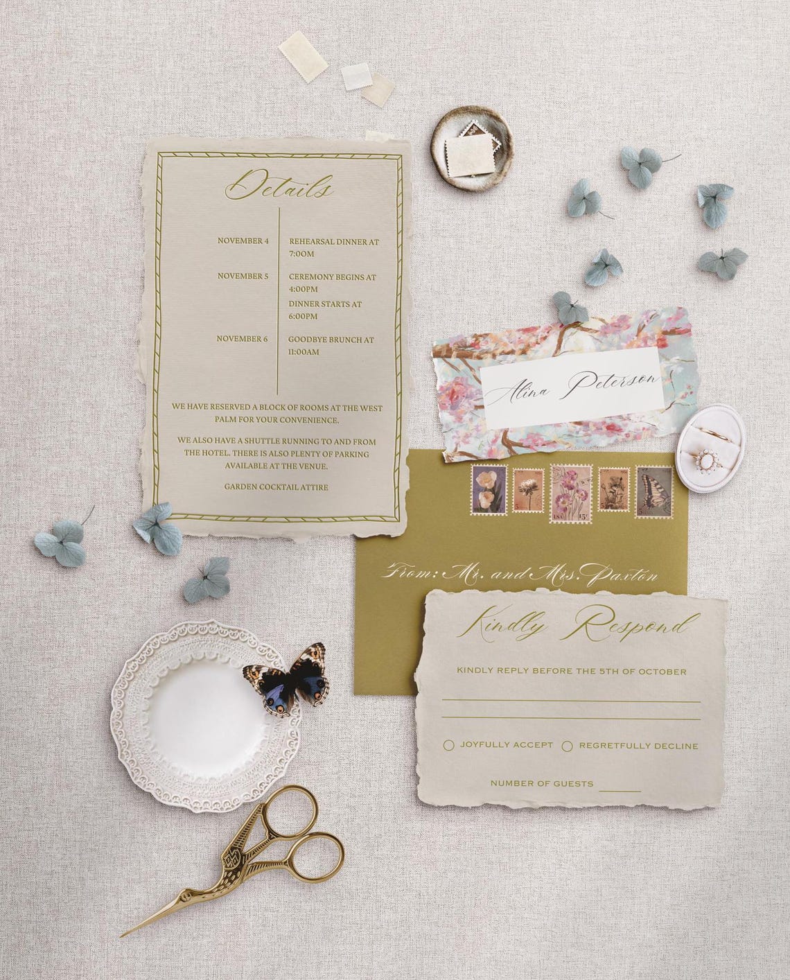 Whimsical Hand-Illustrated Wedding Invitation – Antique Garden Charm