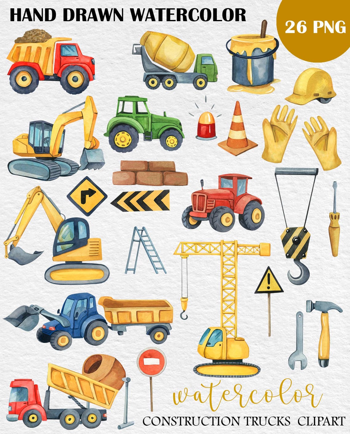 Watercolour Construction Clipart Bundle – Digital Download of Building & Vehicle Illustrations