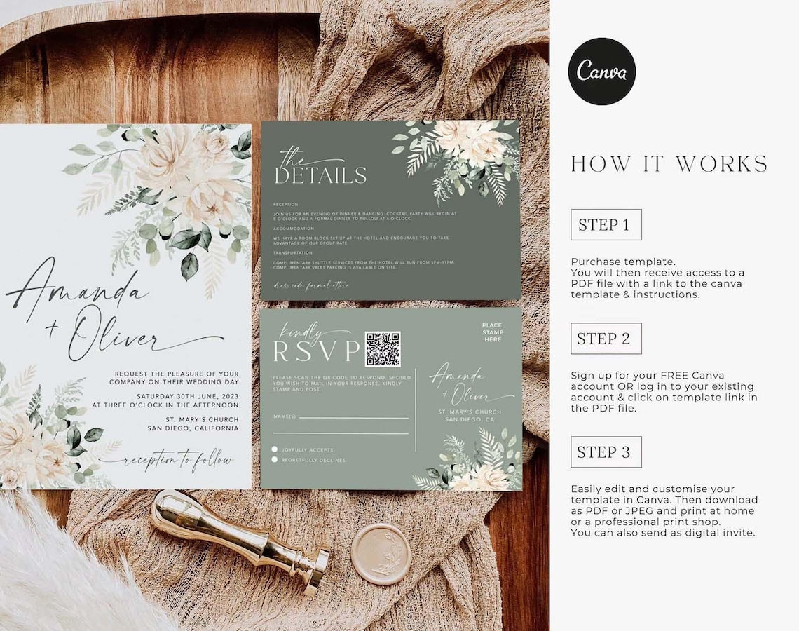 Summer Wildflower Wedding Invitation Template | Whimsical Floral Design with QR Code