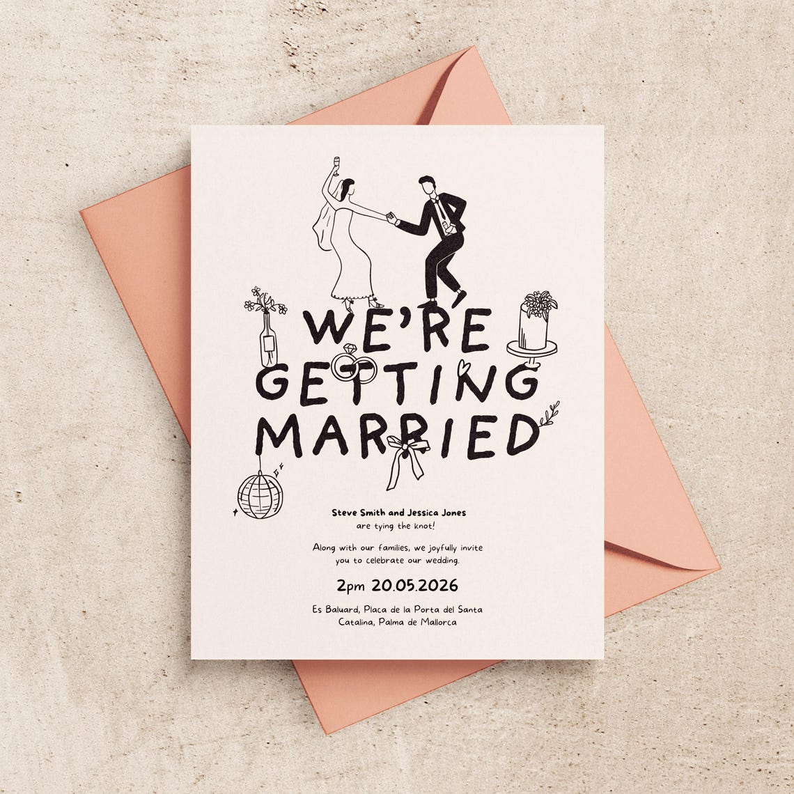 Fun Hand-Drawn Wedding Invite Suite – Editable, Printable & Full of Charm!