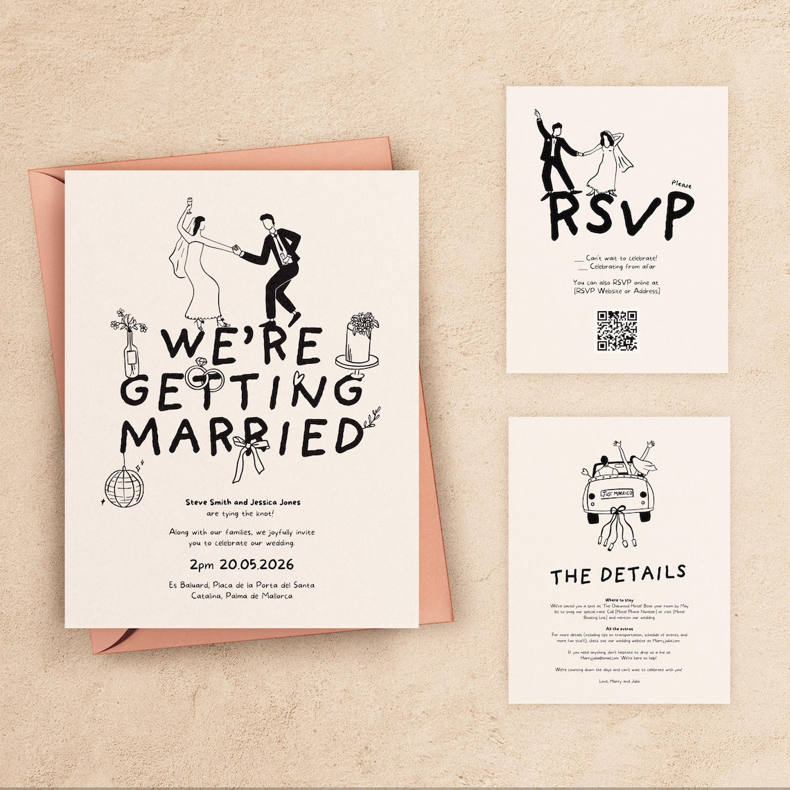 Fun Hand-Drawn Wedding Invite Suite – Editable, Printable & Full of Charm!