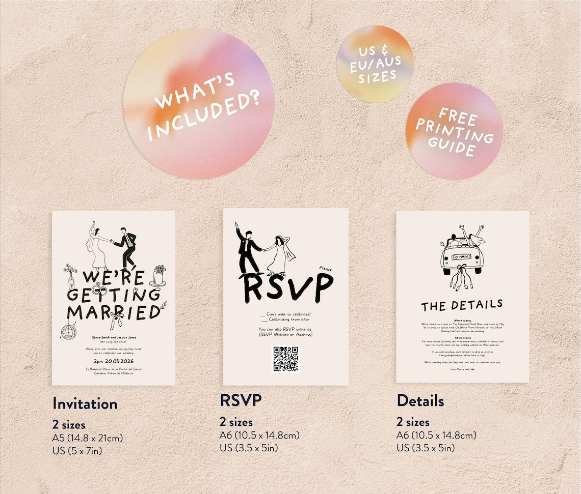 Fun Hand-Drawn Wedding Invite Suite – Editable, Printable & Full of Charm!