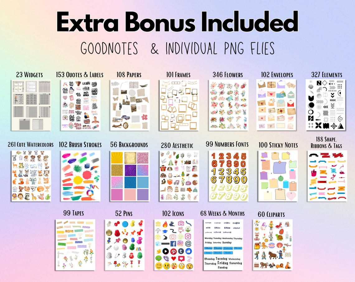 1200+ Cute Digital Sticker Pack – Pre-Cropped PNGs for GoodNotes, iPad & Daily Icons
