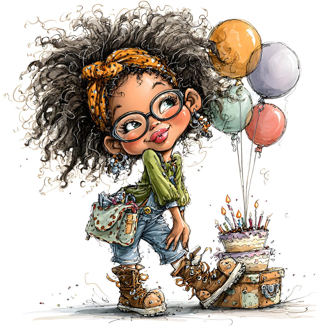 Birthday Clipart JPG Bundle – Curly Girl Cartoon Illustrations (30 JPEGs)