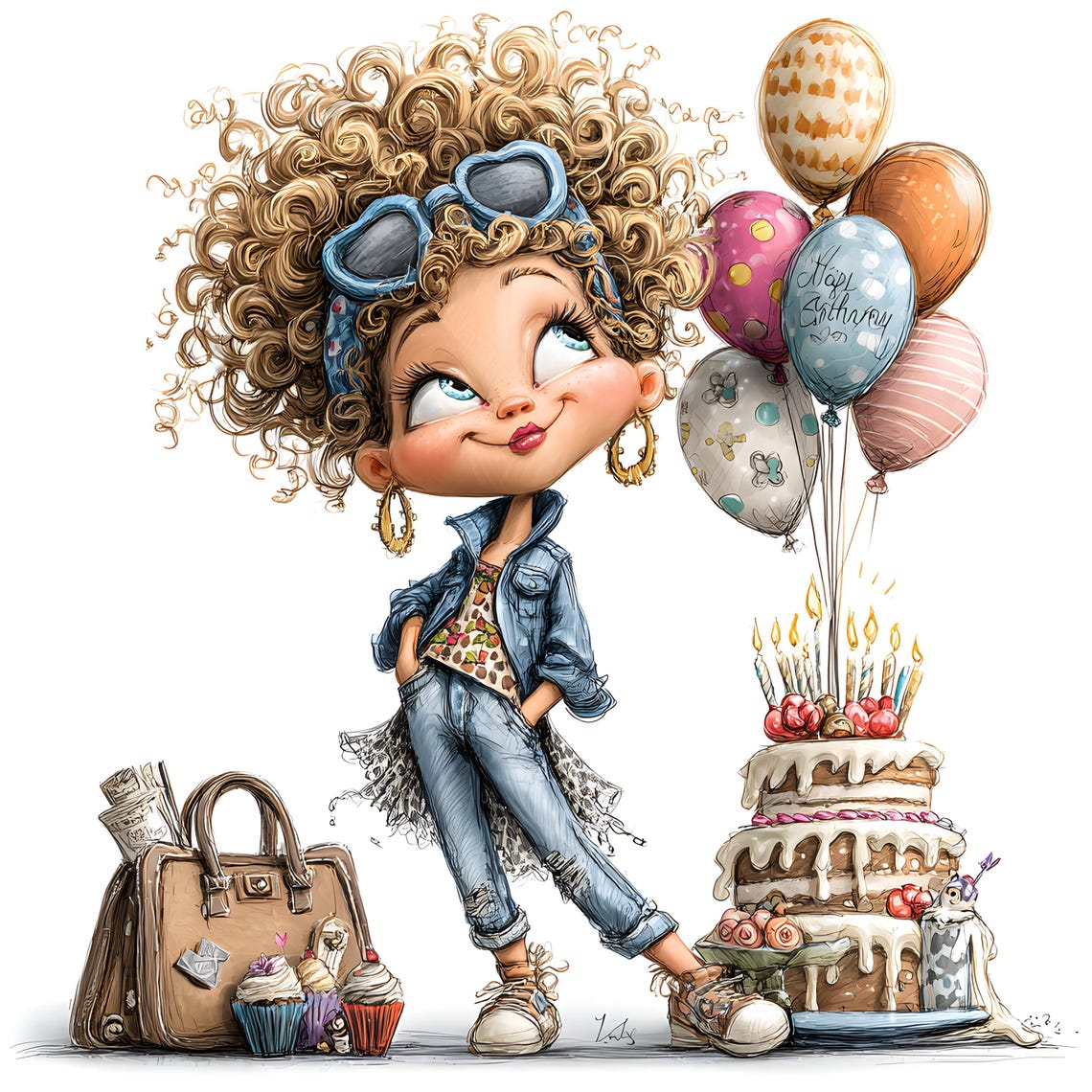 Birthday Clipart JPG Bundle – Curly Girl Cartoon Illustrations (30 JPEGs)