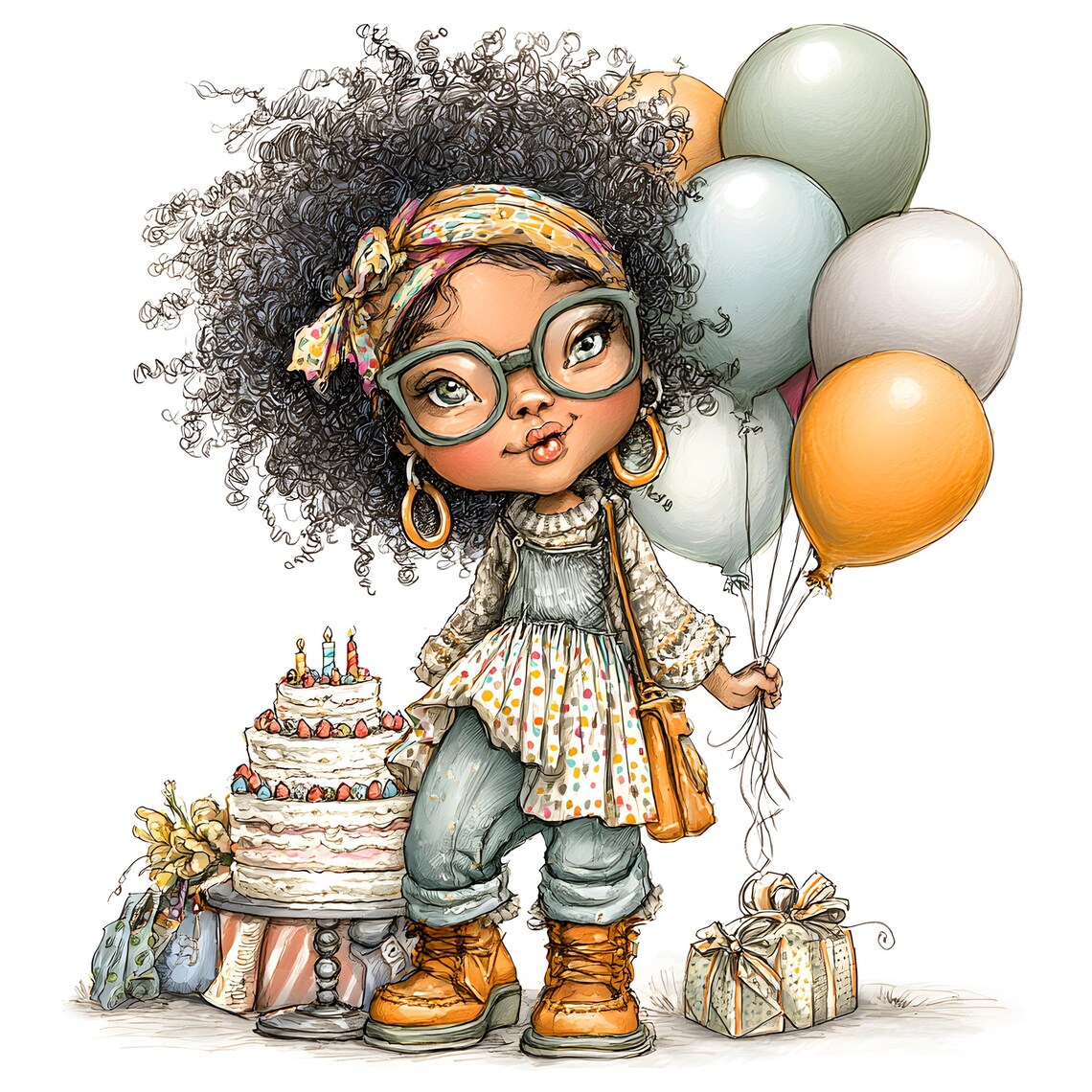Birthday Clipart JPG Bundle – Curly Girl Cartoon Illustrations (30 JPEGs)