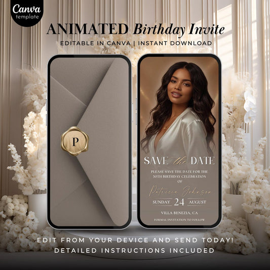 Elegant Animated Video Invitation Template – Birthday “Save the Date” (Canva / MP4)