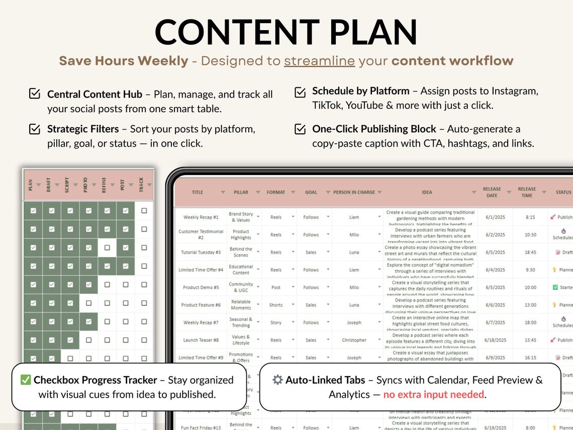 Social Media Content Planner – Editable Digital Download for Creators
