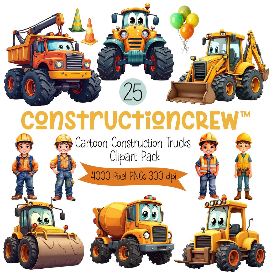Construction Truck Clipart Bundle – Kids Digital Download, PNGs