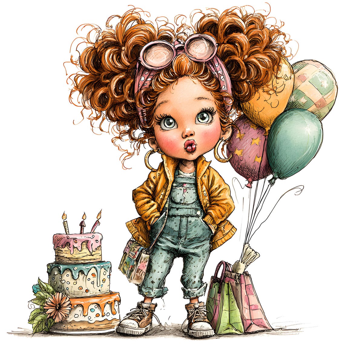 Birthday Clipart JPG Bundle – Curly Girl Cartoon Illustrations (30 JPEGs)