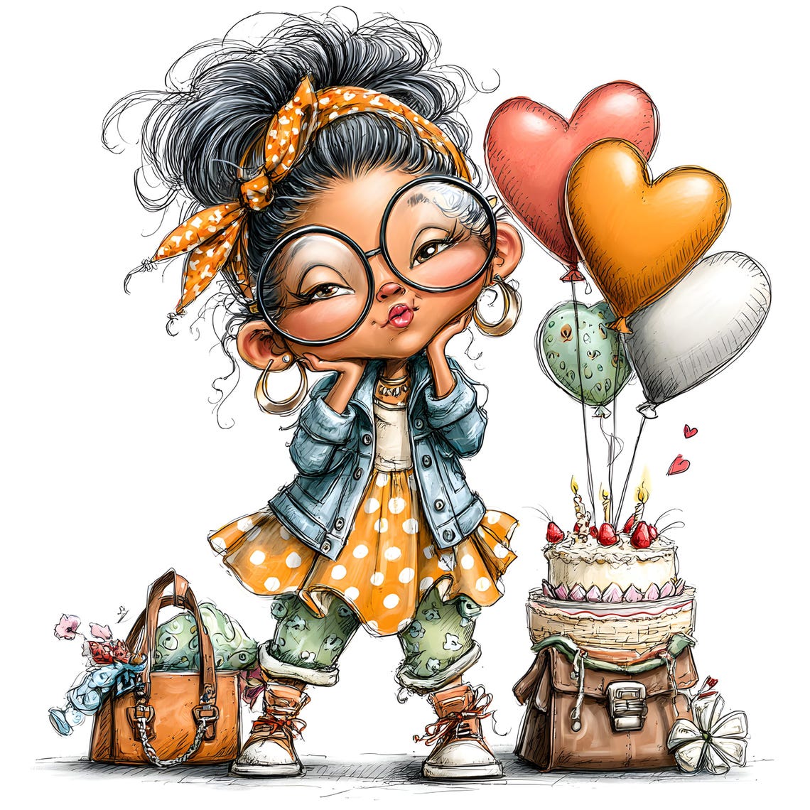 Birthday Clipart JPG Bundle – Curly Girl Cartoon Illustrations (30 JPEGs)