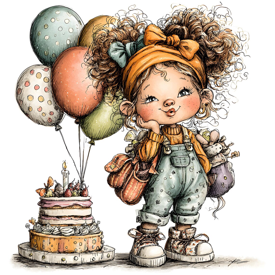 Birthday Clipart JPG Bundle – Curly Girl Cartoon Illustrations (30 JPEGs)