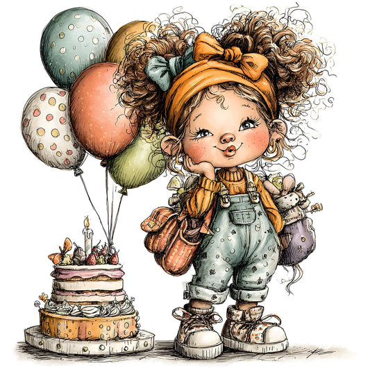 Birthday Clipart JPG Bundle – Curly Girl Cartoon Illustrations (30 JPEGs)