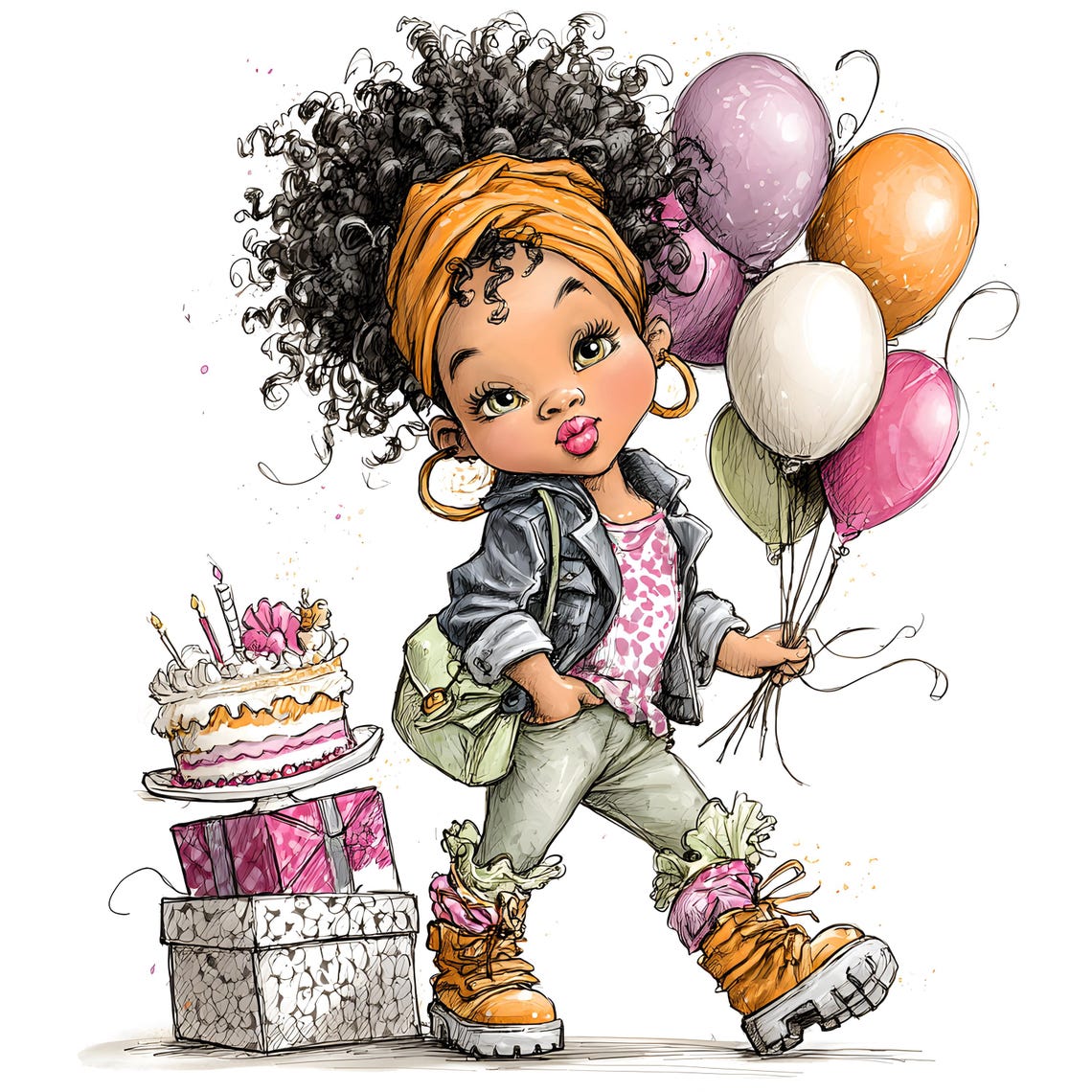 Birthday Clipart JPG Bundle – Curly Girl Cartoon Illustrations (30 JPEGs)
