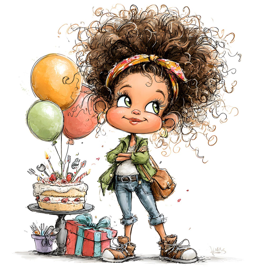 Birthday Clipart JPG Bundle – Curly Girl Cartoon Illustrations (30 JPEGs)