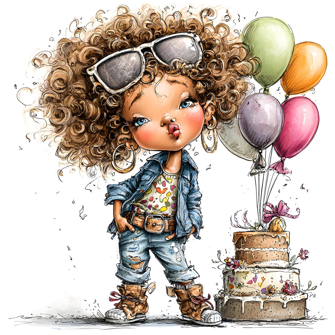 Birthday Clipart JPG Bundle – Curly Girl Cartoon Illustrations (30 JPEGs)